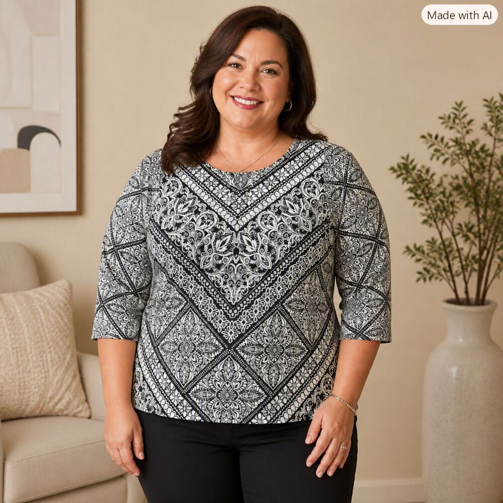 Alfred Dunner Black & White Embellished 3/4 Sleeve Top PL